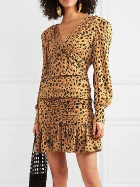 Nicholas V-Neck Long Sleeve Cheetah Print Padded Shoulder Dress Size Small